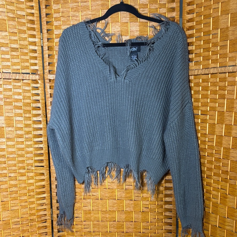 Just Polly frayed V-Neck Sweater - Charcoal Gray